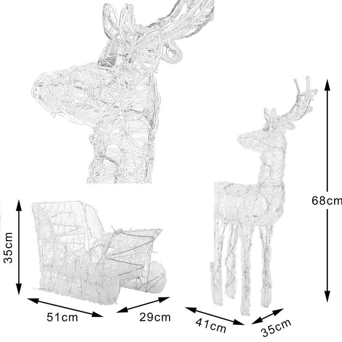 Slitta e Renne Natalizie 3D Luminose 240 LED Bianco Freddo x Esterno a batterie
