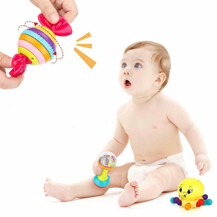 10x Giocattoli Bambini Neonati Prima Infanzia Giochi Sonagli Massaggia Gengive