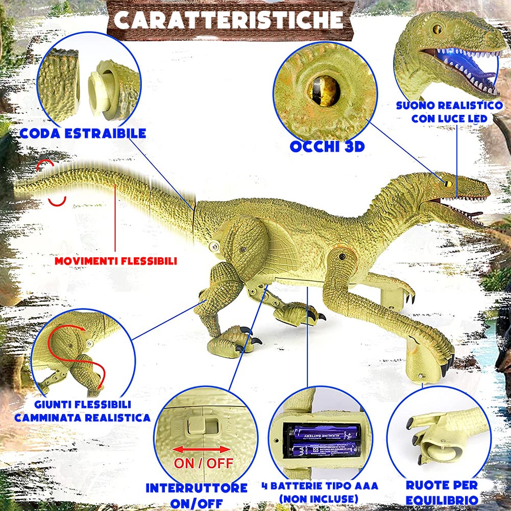 Dinosauro Telecomandato Giocattolo Gioco che Cammina Elettronico Velociraptor