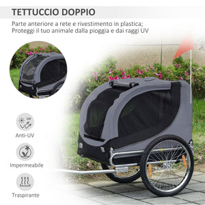 Rimorchio Bici per Cani Taglia Media con Finestre Laterali e Bandierina 130x73x90 cm  Grigio e Nero