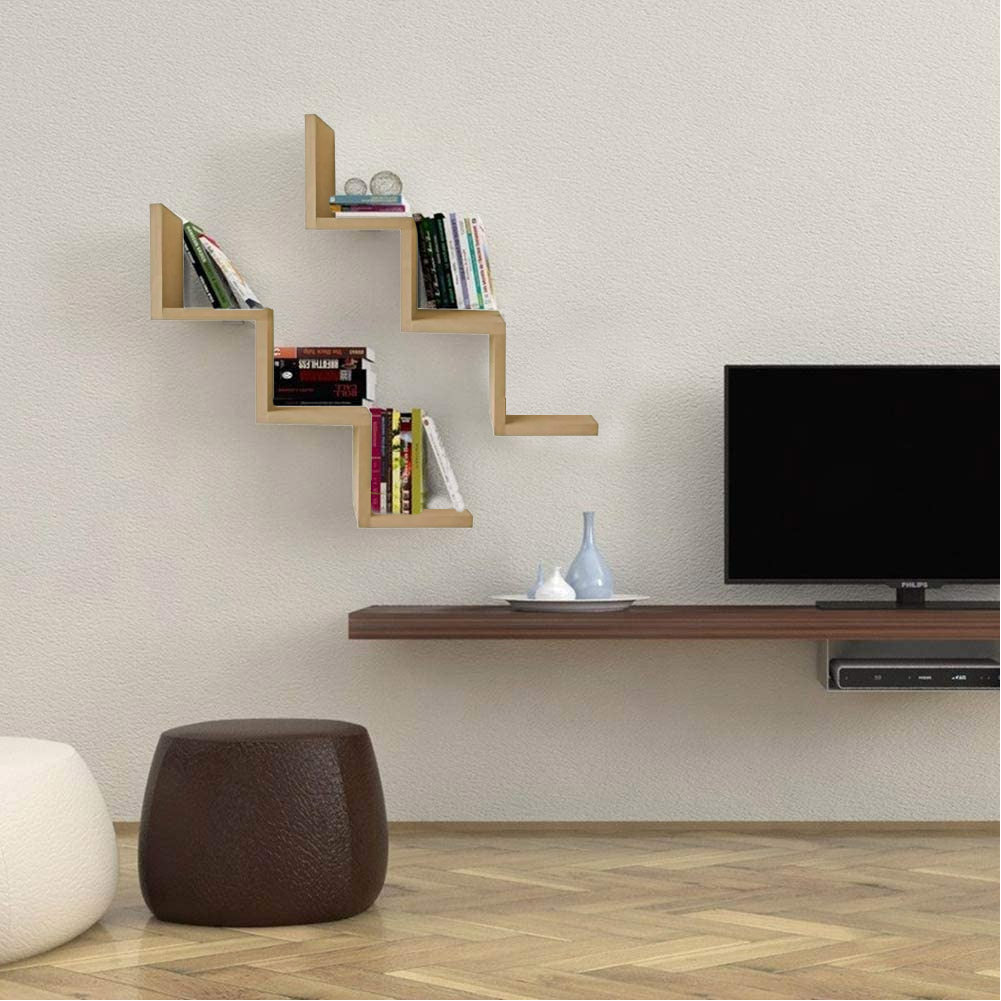 Mensola Parete Moderna Design Zig Zag Scaffale Muro 3 Ripiani Legno Naturale