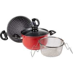 Set da 4 Pezzi Pentole Vaporiera Friggitrice Casseruola 2 Manici Coperchio Vetro