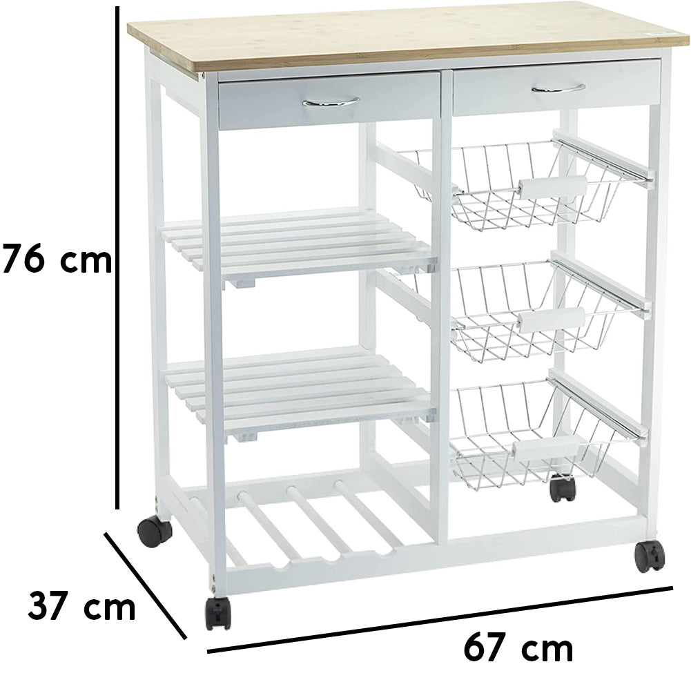 Carrello da Cucina con 3 Cesti 2 Scaffali 2 Cassetti Dimensioni 67 x 37 x 76H cm