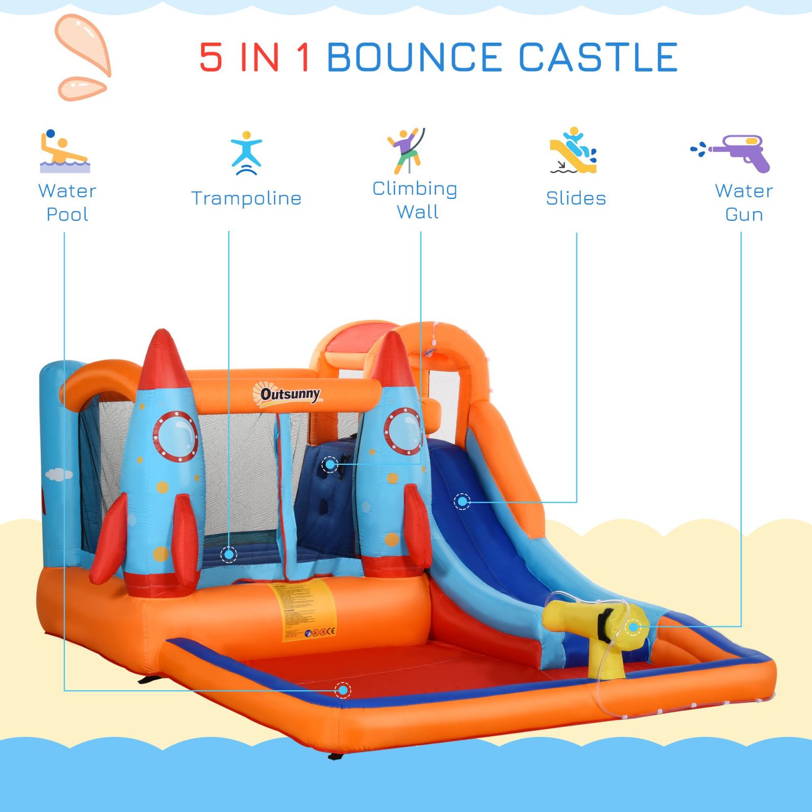 Easycomfort Castello Gonfiabile per Bambini Piscina con Scivolo e Trampolino, Pompa Elettrica, 350x250x185cm, Multicolore