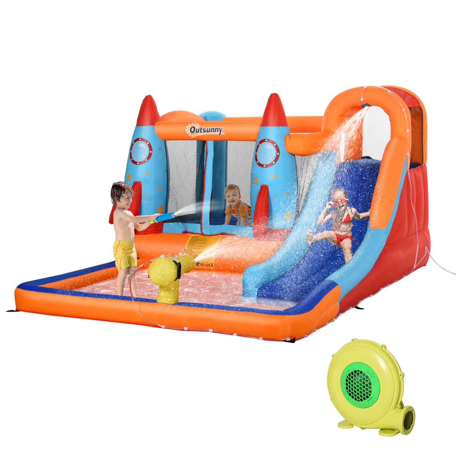 Easycomfort Castello Gonfiabile per Bambini Piscina con Scivolo e Trampolino, Pompa Elettrica, 350x250x185cm, Multicolore