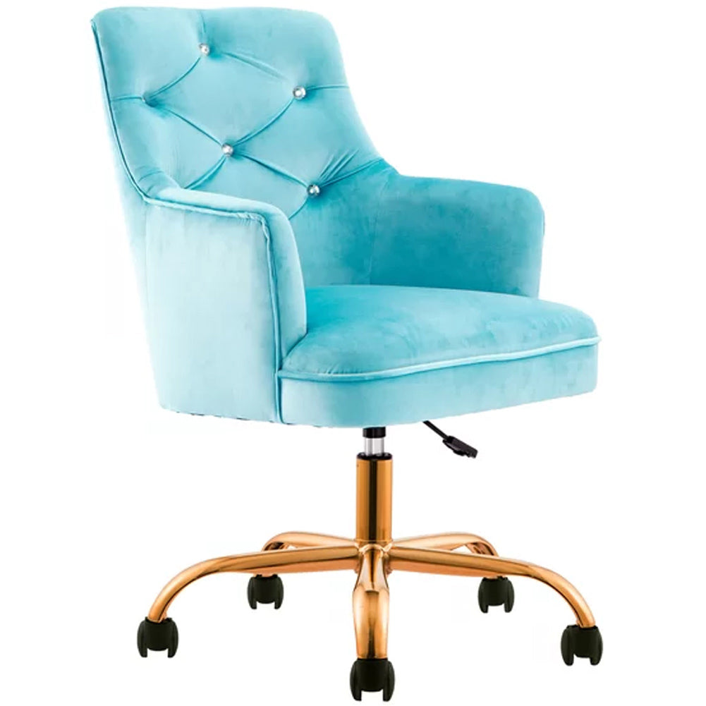 Sedia da Ufficio Ergonomica Girevole 360° Poltrona Velluto Azzurro e Gambe Oro