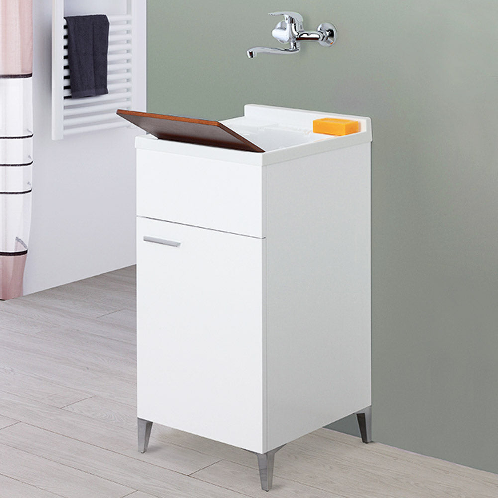 Mobile Lavatoio Bianco 1 Anta 45 cm con Lavabo in Resina Asse Legno per Lavaggio