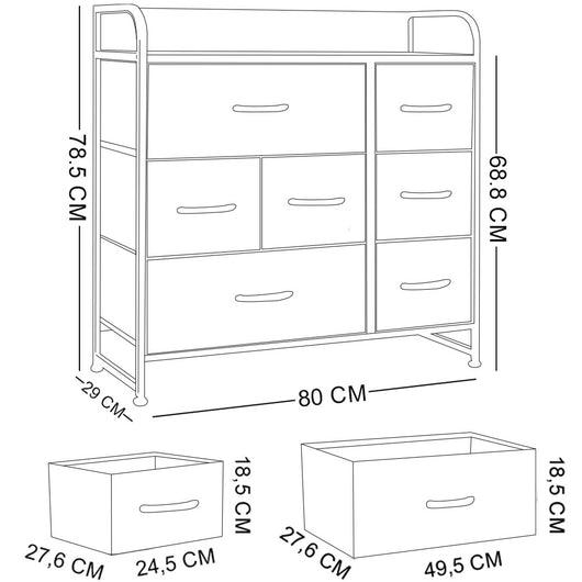 Cassettiera in Tessuto 7 Cassetti con Struttura in Ferro Grigio 78,5x80x29 cm