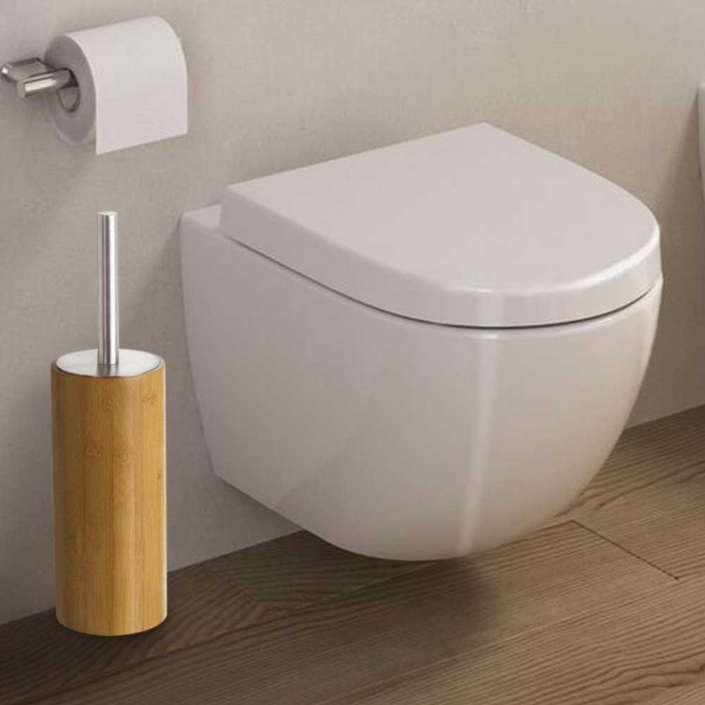 Portascopino Bagno con Spazzolone WC Cilindro in Legno di Bambu e Metallo 35cm