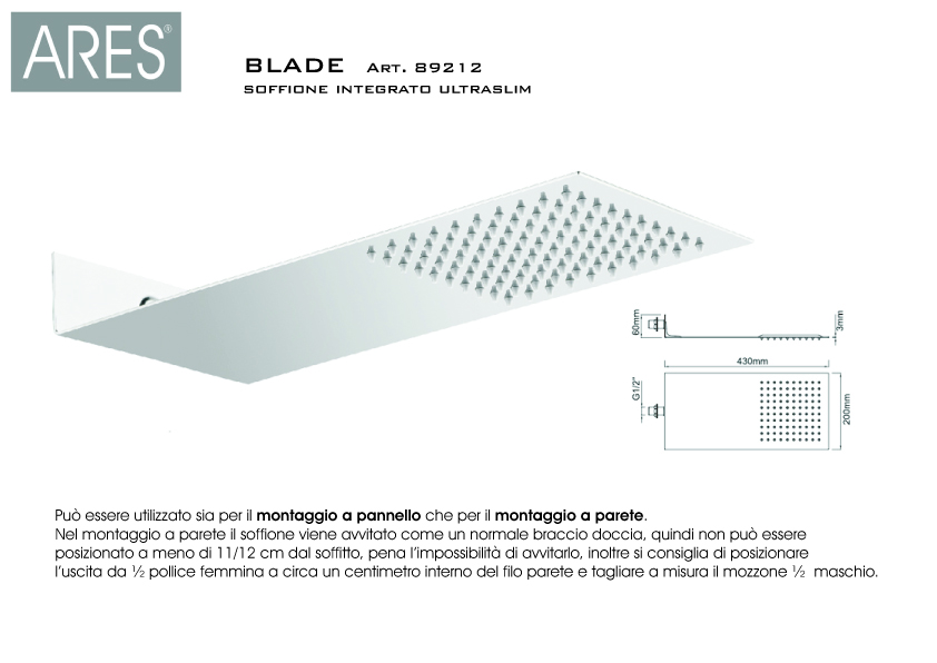 Soffione doccia a muro ultraslim Ares Blade 430x200 mm in acciaio inox