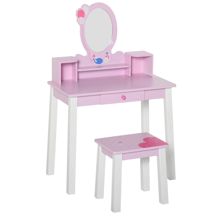 Specchiera Giocattolo per Bambini con Sgabello in Legno Rosa