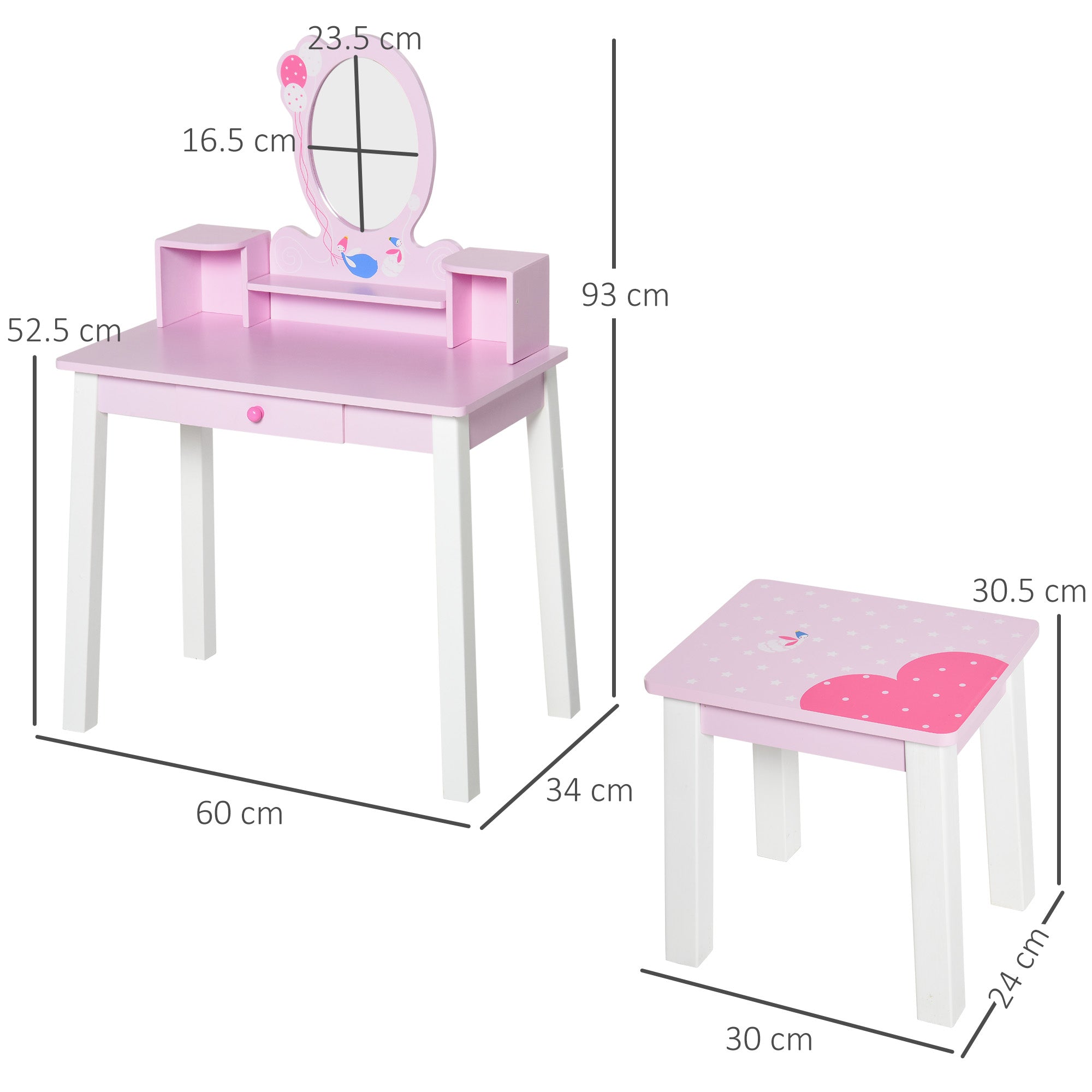 Specchiera Giocattolo per Bambini con Sgabello in Legno Rosa