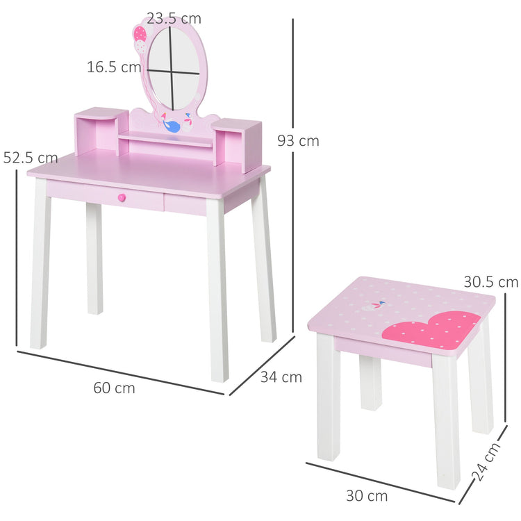 Specchiera Giocattolo per Bambini con Sgabello in Legno Rosa