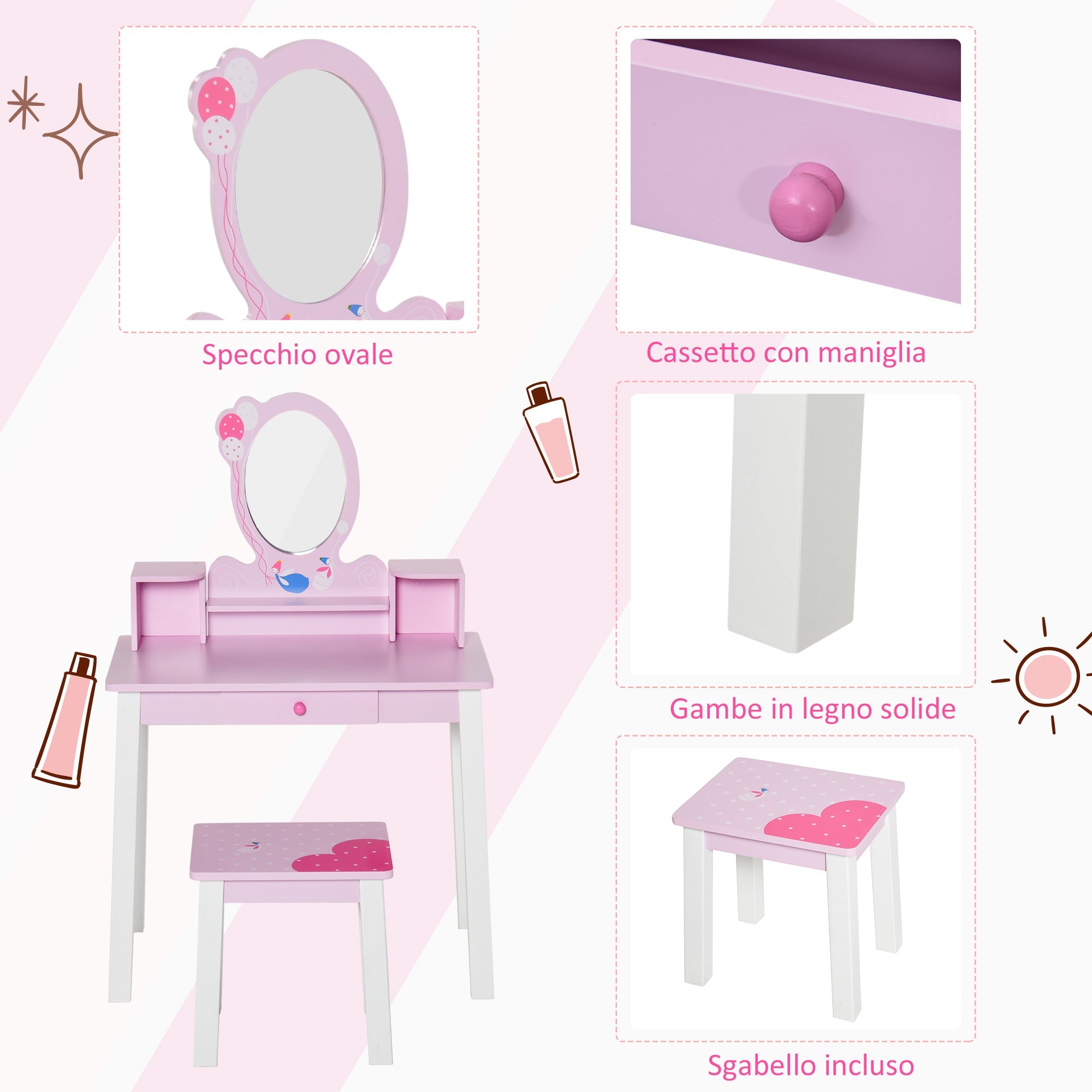 Specchiera Giocattolo per Bambini con Sgabello in Legno Rosa