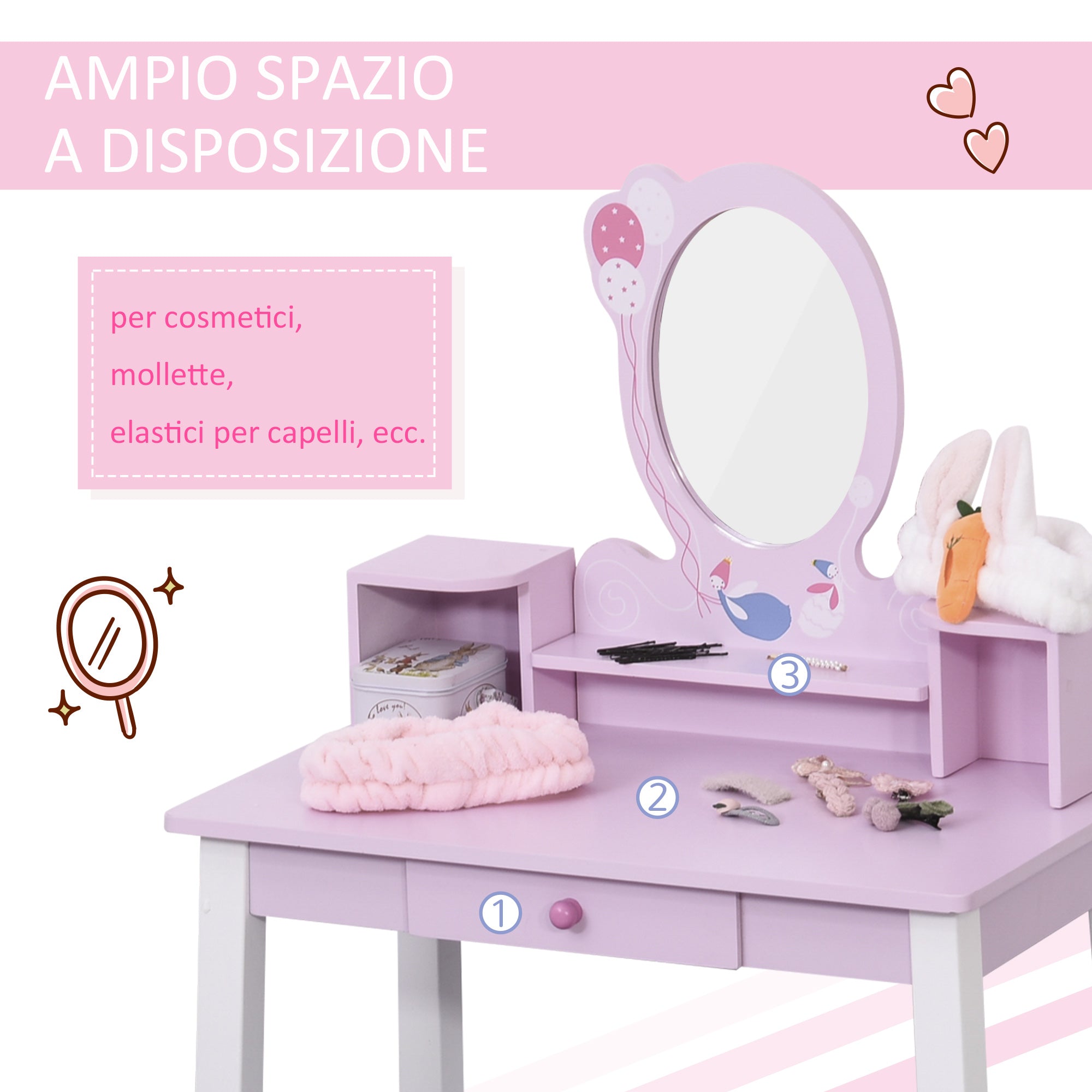 Specchiera Giocattolo per Bambini con Sgabello in Legno Rosa