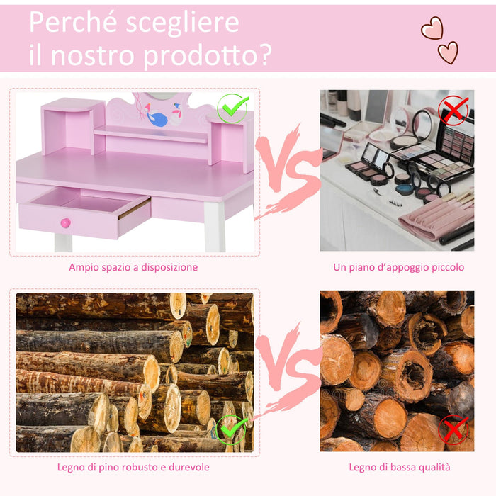 Specchiera Giocattolo per Bambini con Sgabello in Legno Rosa