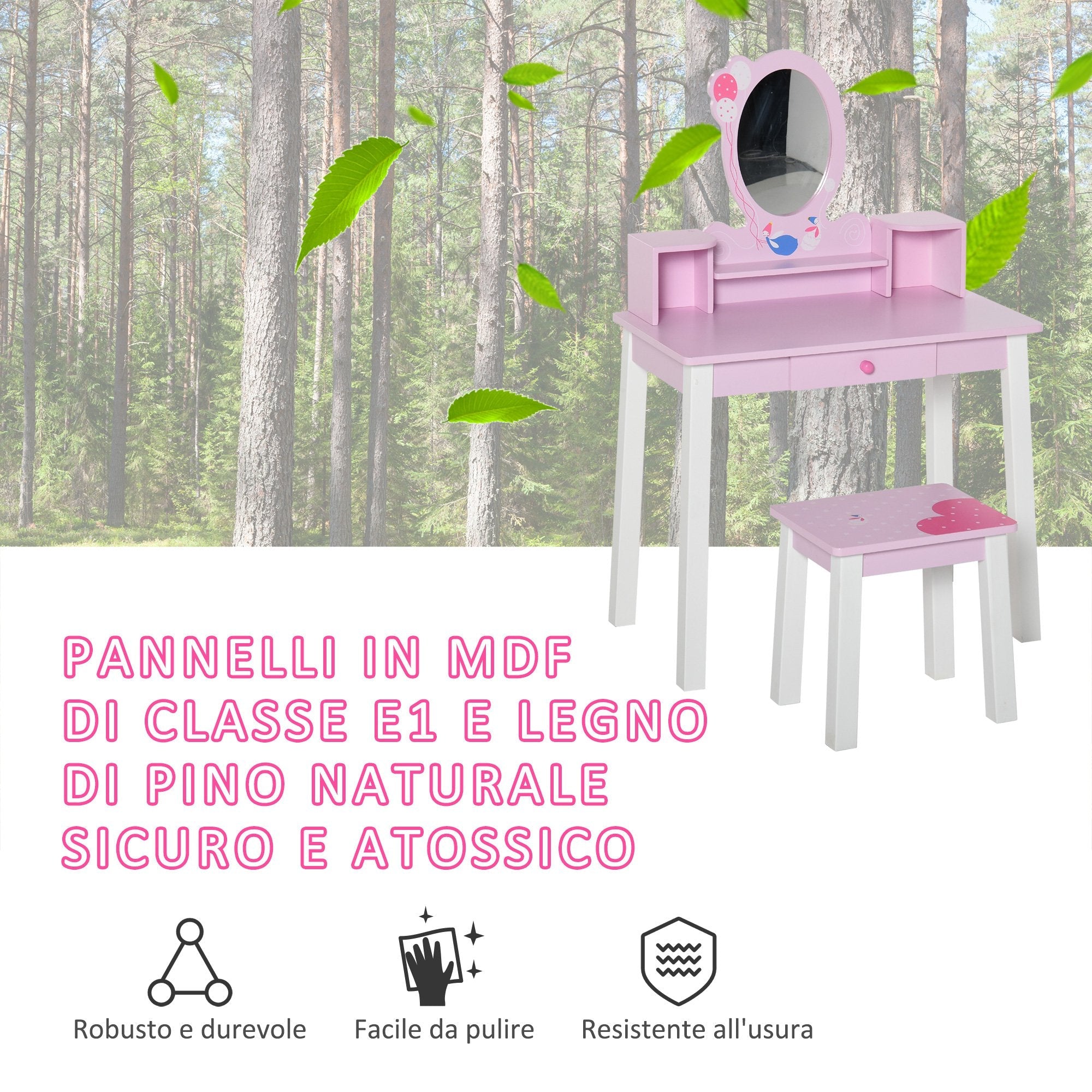 Specchiera Giocattolo per Bambini con Sgabello in Legno Rosa