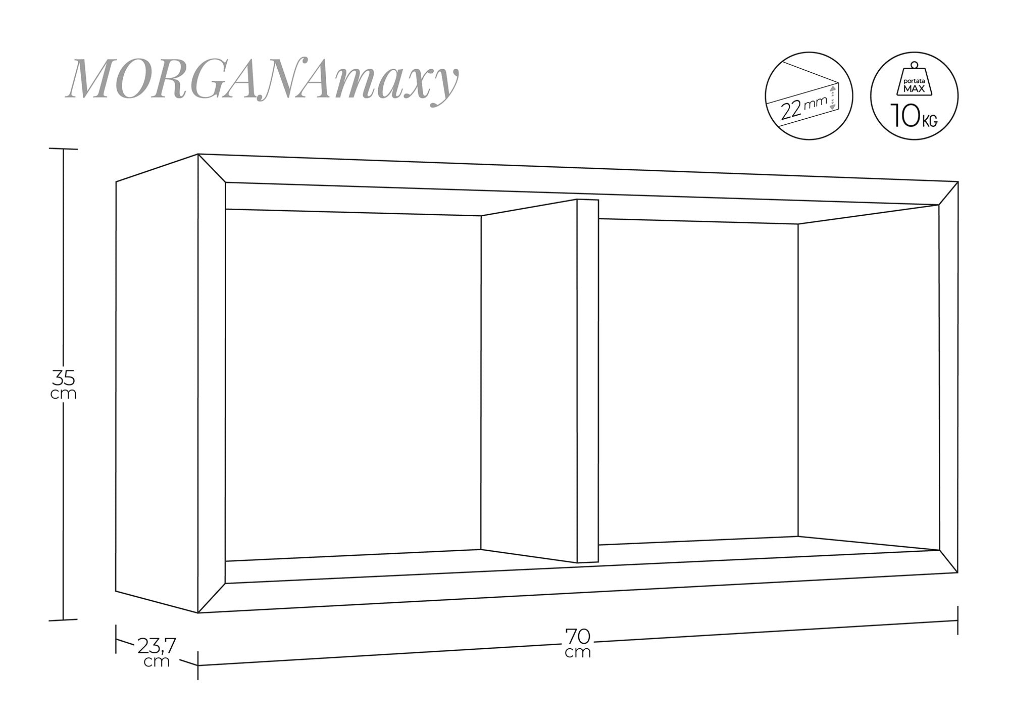 Mensola Rettangolare 2 Scomparti da Parete 70x30x23,7 cm in Fibra di Legno Morgana Maxi Bianco