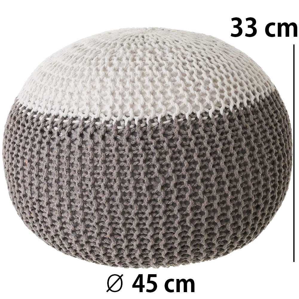 Pouf Poggiapiedi Tessuto a maglia Tondo Bianco e Grigio Fodera Rimovibile 45 cm