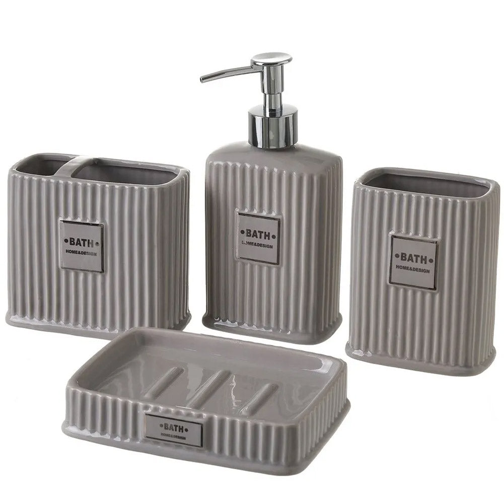 Set da Bagno in Ceramica Dispenser Porta Spazzolini Bicchiere Portasapone Grigio