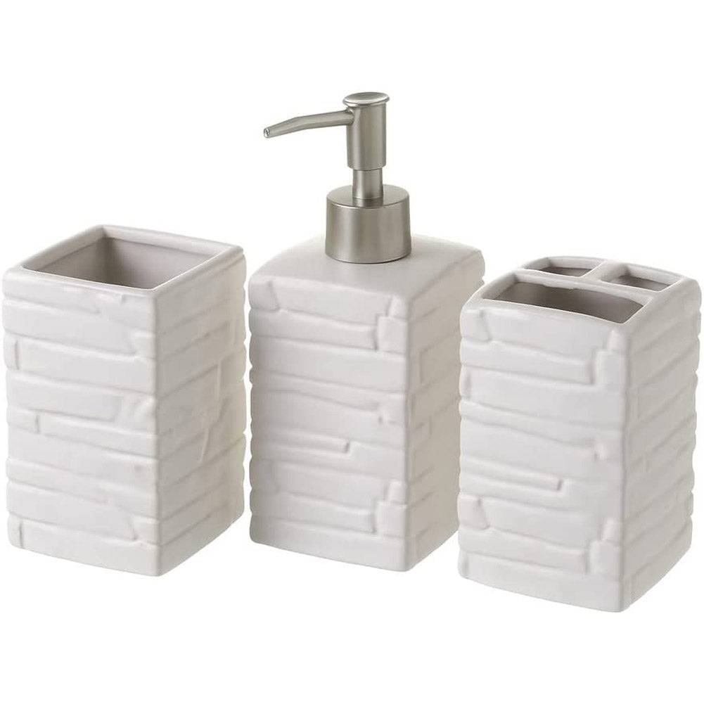 Set 3 Pezzi da Bagno Ceramica Dispenser Porta Spazzolini Bicchiere Bianco Silver