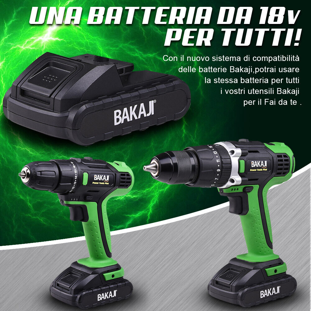 Trapano Avvitatore a Percussione 18V Batteria Litio Ricaricabile 2 Velocita