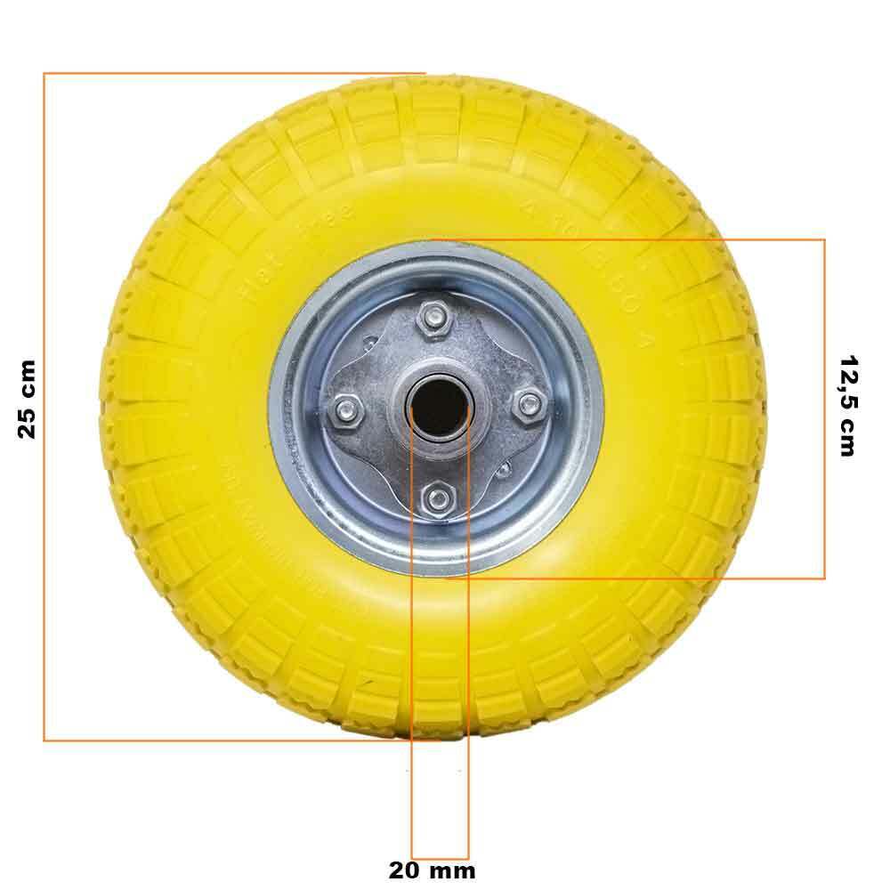 Ruota Piena Antiforatura PU Gialla Carrello Carriola 25cm Asse Decentrato Acciai