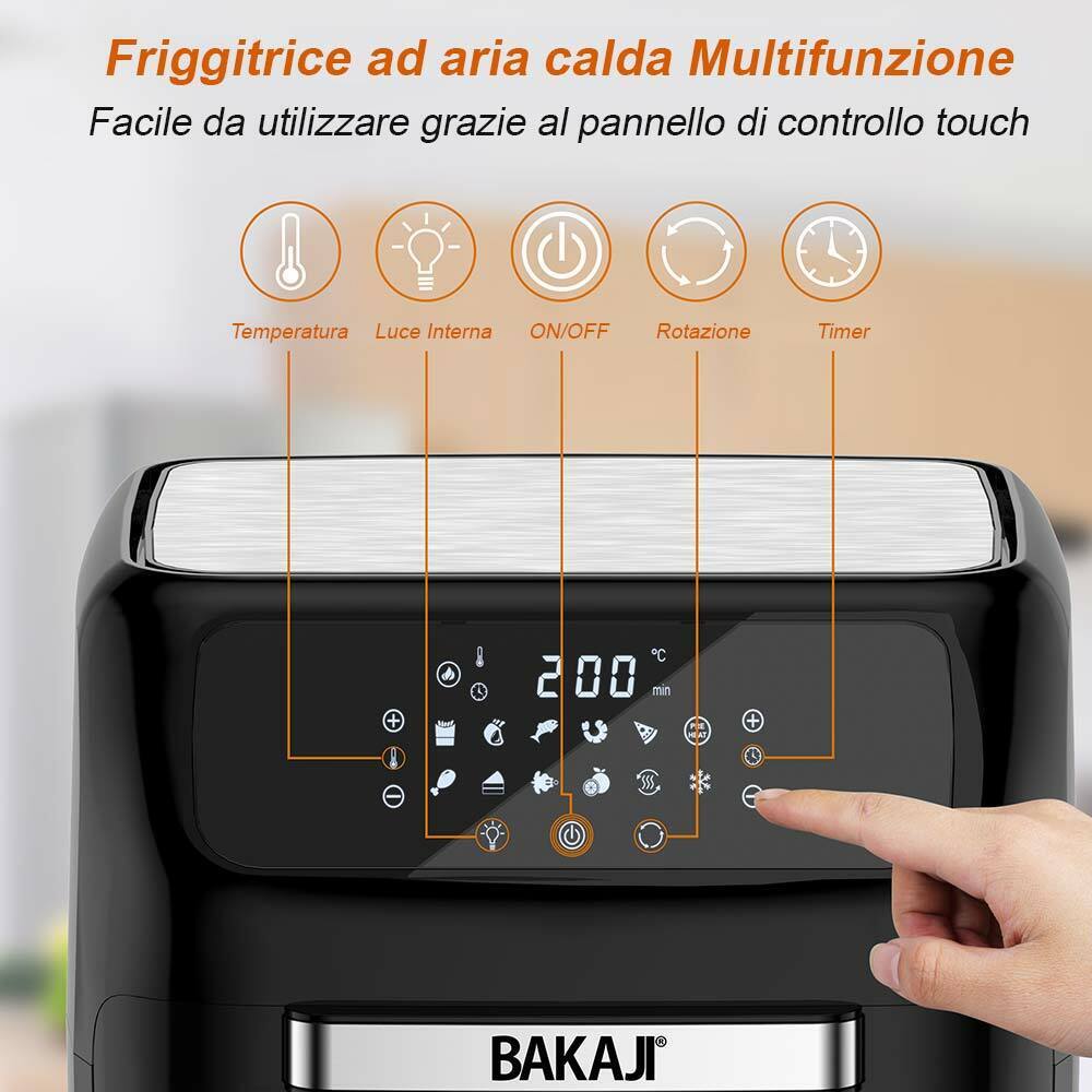 Forno Friggitrice Ad Aria Calda 12Lt Digitale 1800W Frigge Cuoce Senza Olio Nero