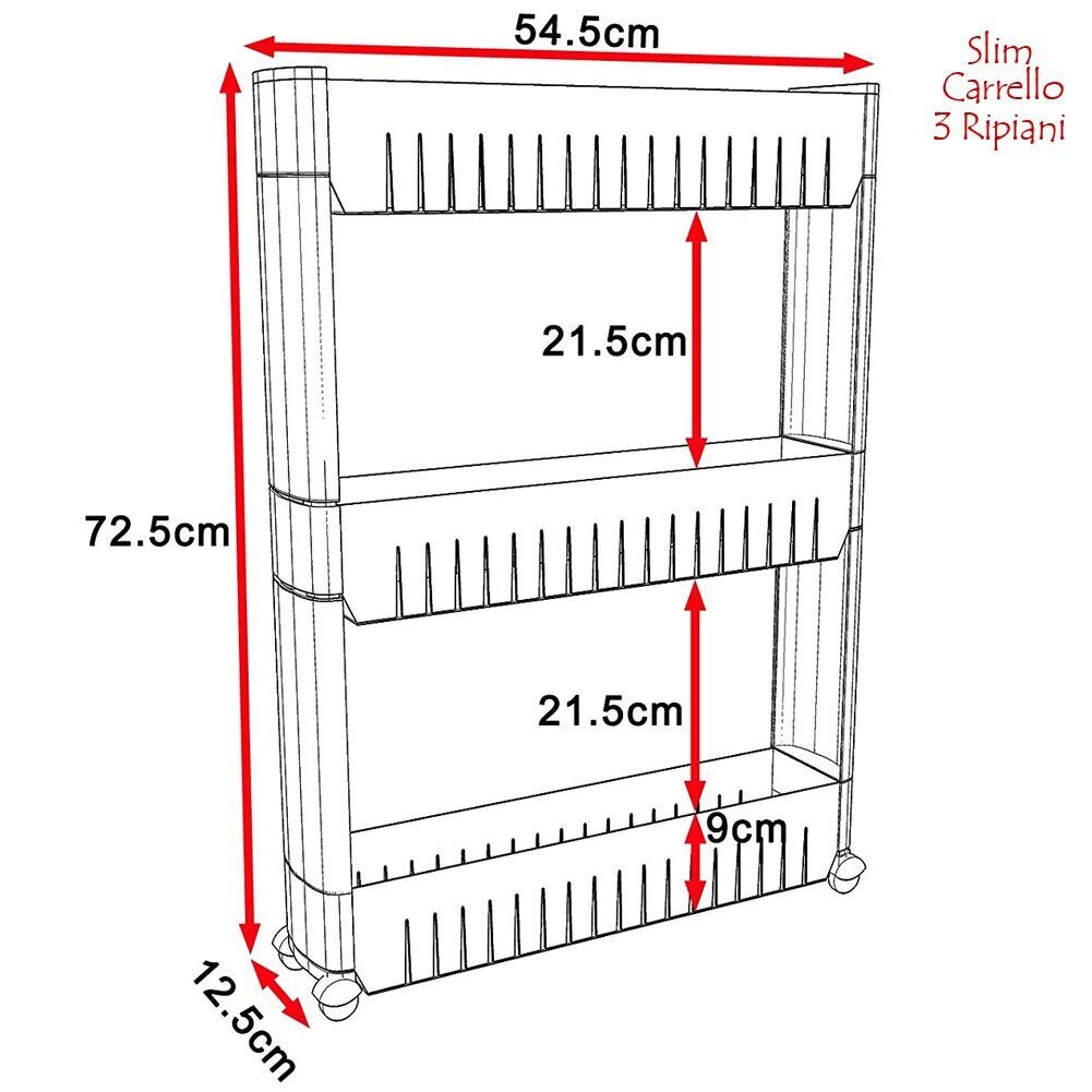 Carrello Carrellino Slim Salvaspazio Cucina Bagno Ripostiglio 3 Ripiani e 4Ruote