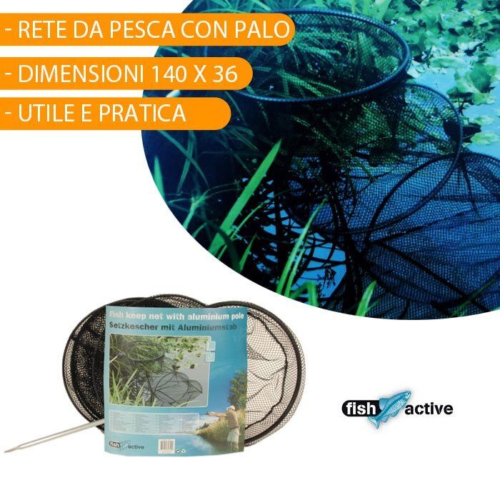 Rete da Pesca con Palo Alluminio Pesci Gamberi 36x140 cm Kit Mare Lago Fiume