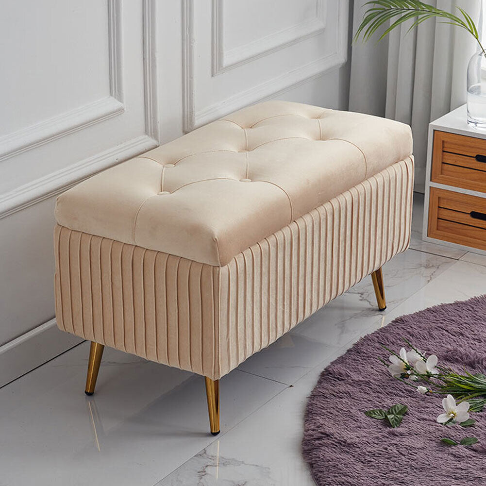 Pouf Contenitore Panca in Velluto Rettangolare Morbido Capiente Divanetto Beige