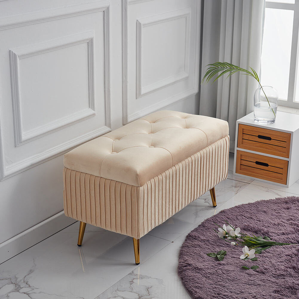 Pouf Contenitore Panca in Velluto Rettangolare Morbido Capiente Divanetto Beige