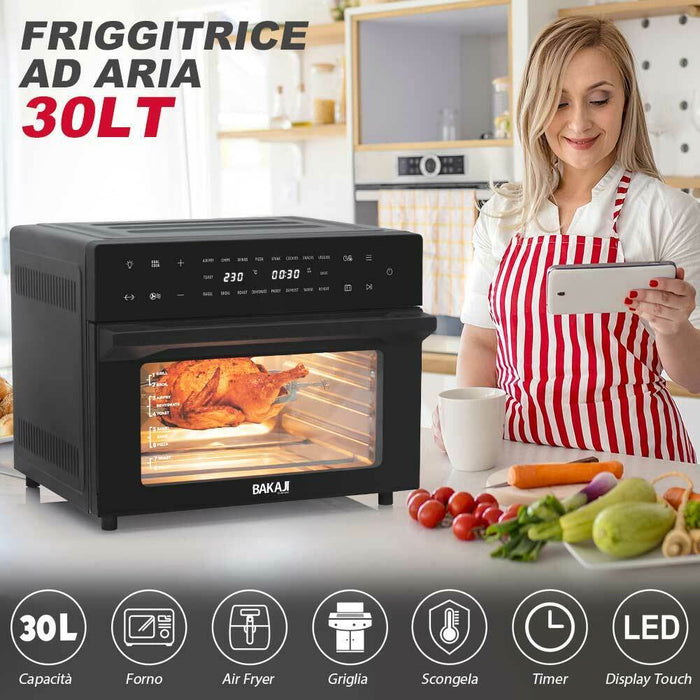 Forno Friggitrice Ad Aria Calda 30Lt Digitale 1800W Frigge Cuoce Senza Olio Nero