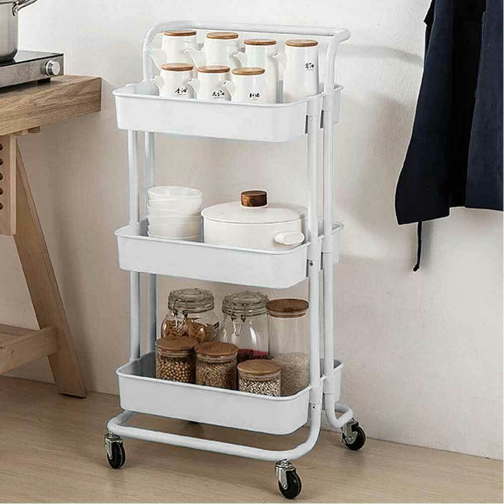 Carrello Trolley Cucina in Metallo 3 Ripiani 43x36x85 4 Ruote Salvaspazio Bianco