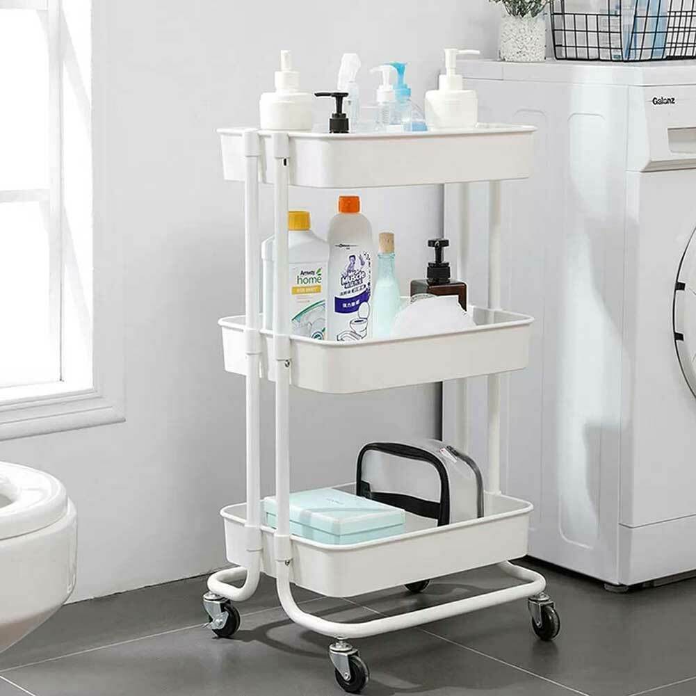 Carrello Trolley Cucina in Metallo 3 Ripiani 43x36x85 4 Ruote Salvaspazio Bianco