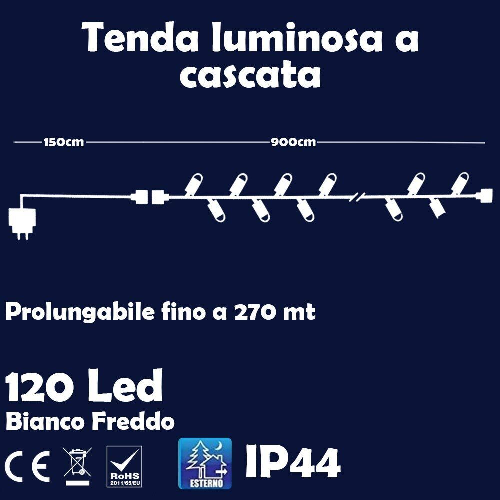 Catena Luminosa Natalizia 120Led Bianco Freddo cn Flash 9mt Esterno Prolungabile