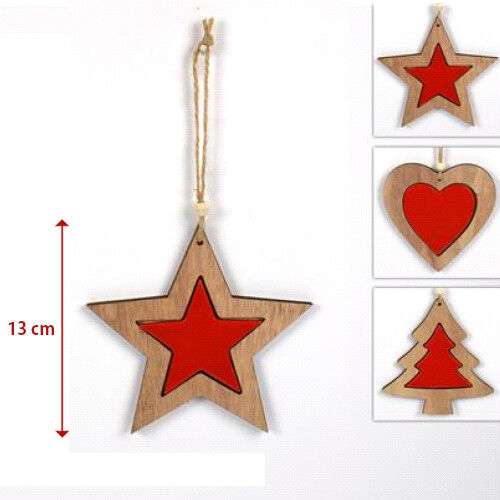 3 Appendini Natale In Legno Stella Albero Cuore Rosso Decorazioni Natalizie