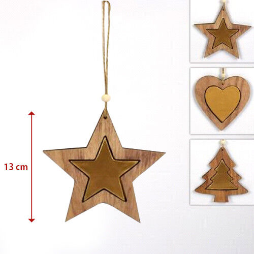 3 Appendini Natale In Legno Stella Albero Cuore Oro Decorazioni Natalizie