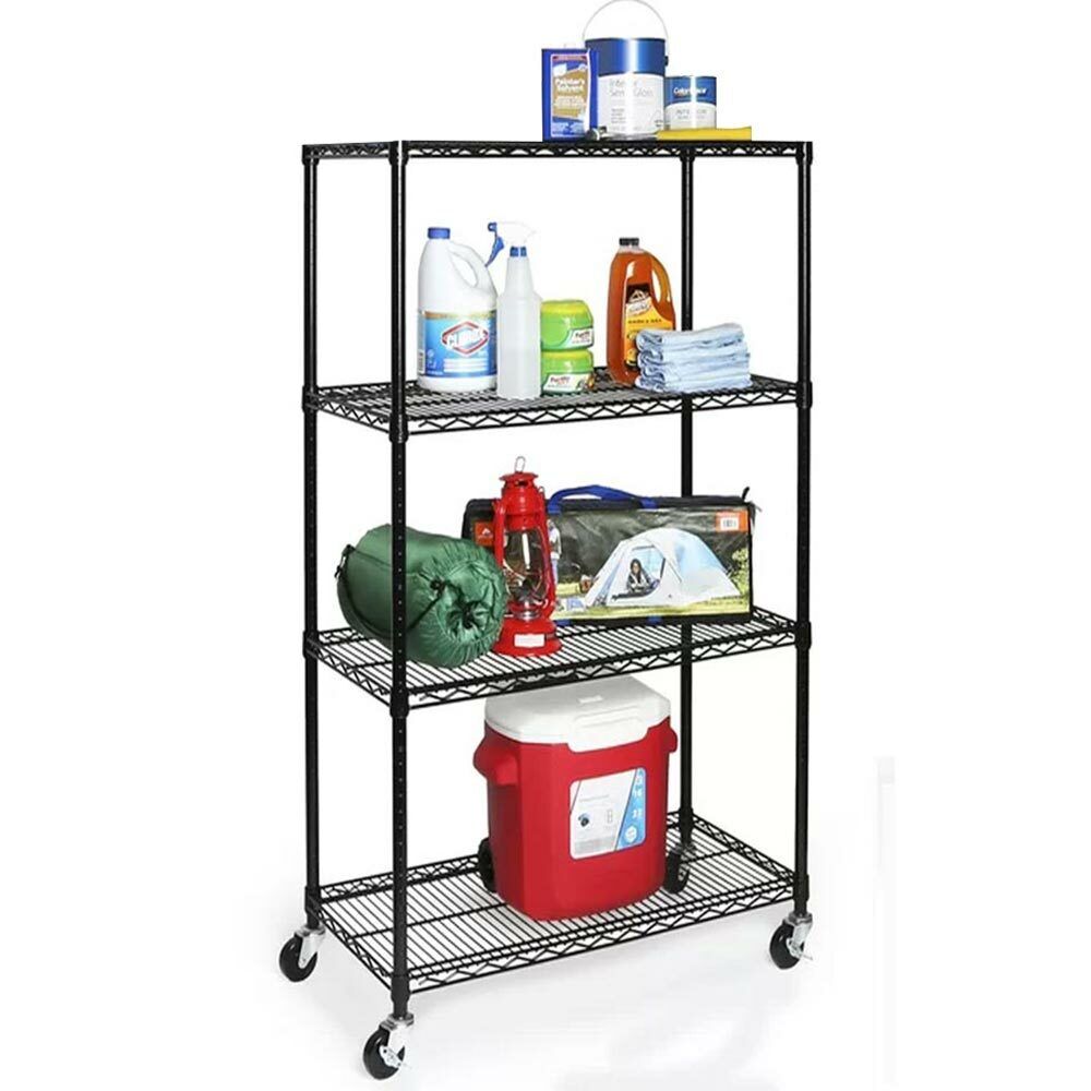 Scaffale 4 Ripiani Acciaio Mobile Libreria Multiuso 4 Ruote 90x45x180 Cromo Nero