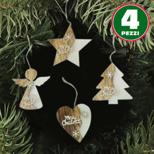 4 Appendini Natale In Legno Forma Stella Albero Angelo Cuore Con Scritta