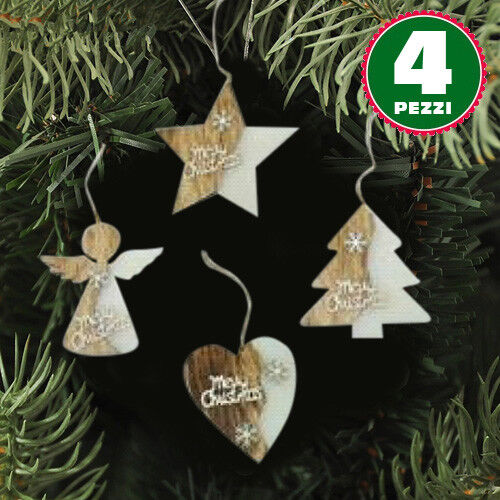 4 Appendini Natale In Legno Forma Stella Albero Angelo Cuore Con Scritta