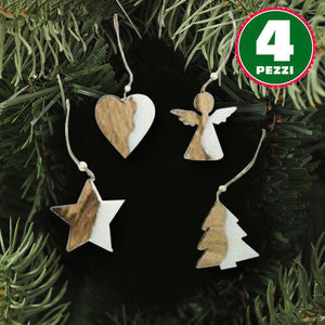 4 Appendini Natale In Legno Ovatta Forma Stella Albero Angelo Cuore 11cm Bianco