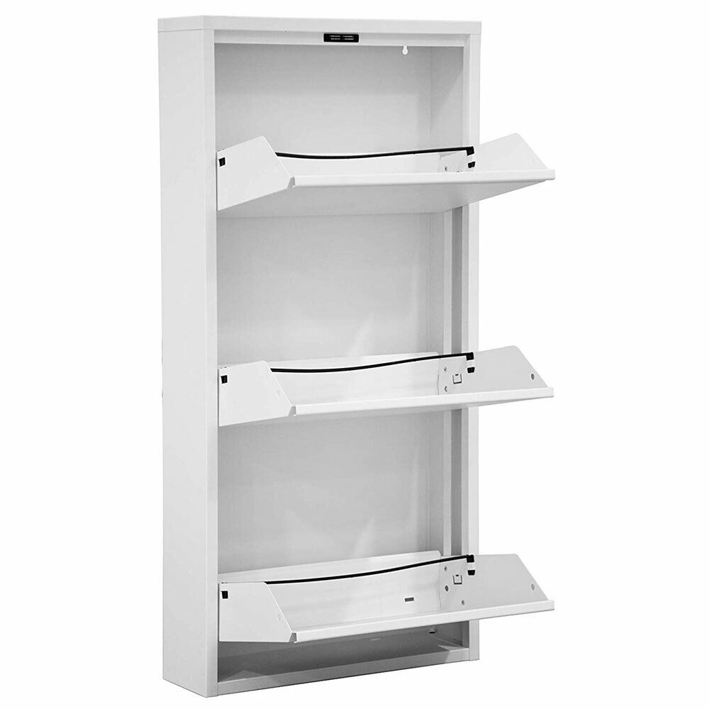 Scarpiera Slim Metallo 3 Ante Ripiani Portascarpe Salvaspazio 104x50x14cm Bianco