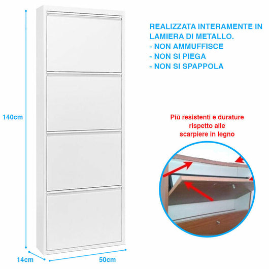 Scarpiera Slim Metallo 4 Ante Ripiani Portascarpe Salvaspazio 140x50x14cm Bianco