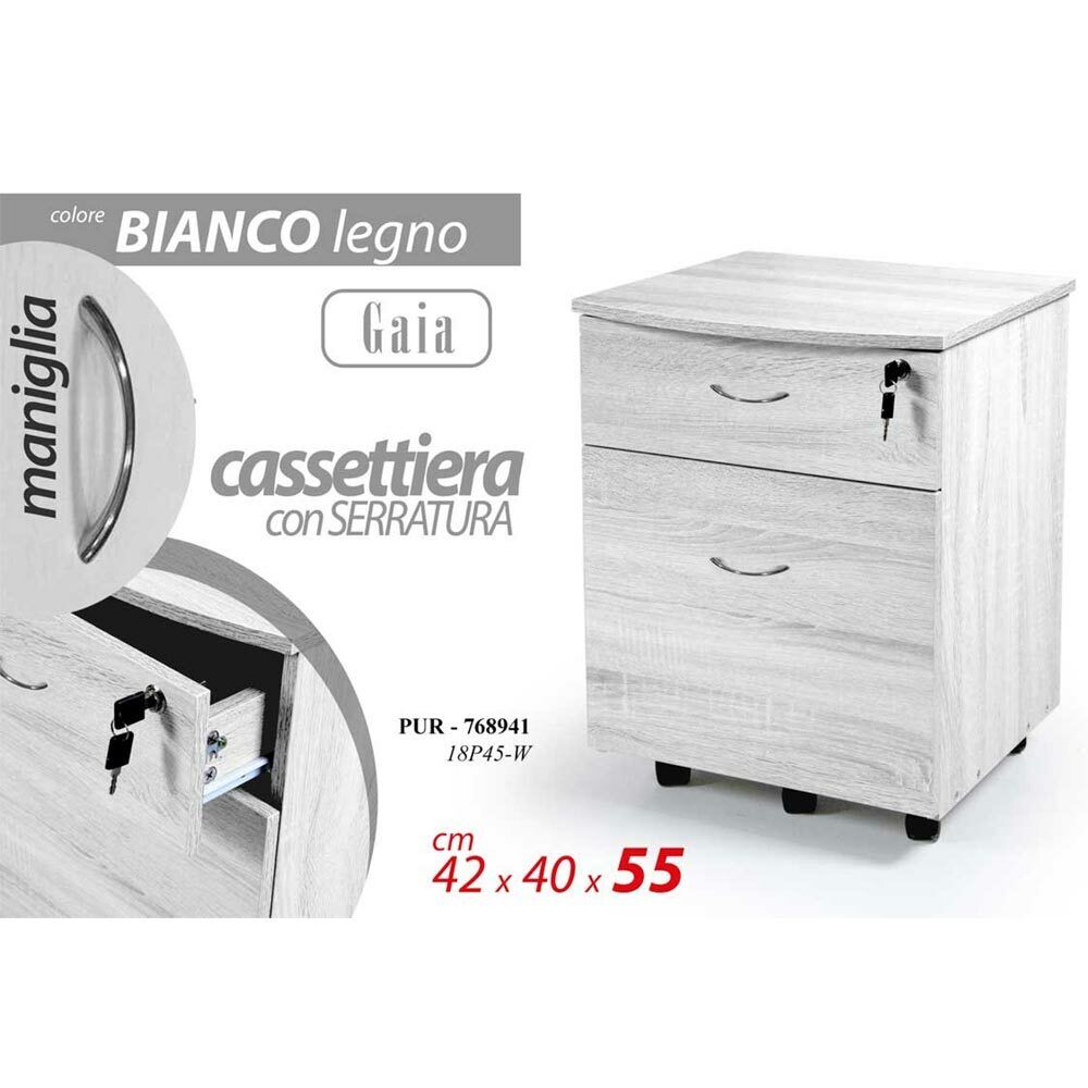 Cassettiera Scrivania Casa Ufficio Legno MDF con 2 Cassetti e 5 Ruote Bianco