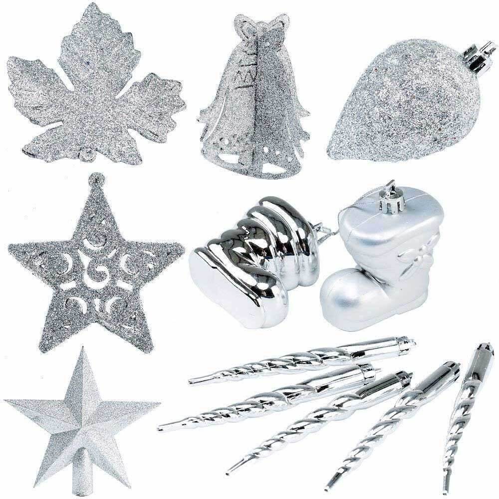 Addobbi Per Albero Di Natale 102 Pz Silver Palline Calze Stelle Pigne Natalizie