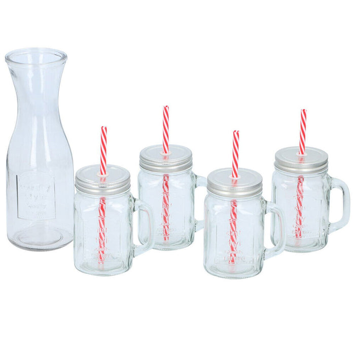 Set Caraffa Brocca + 4 Tazze Bicchieri Barattolo in Vetro con Cannuccia 1Lt