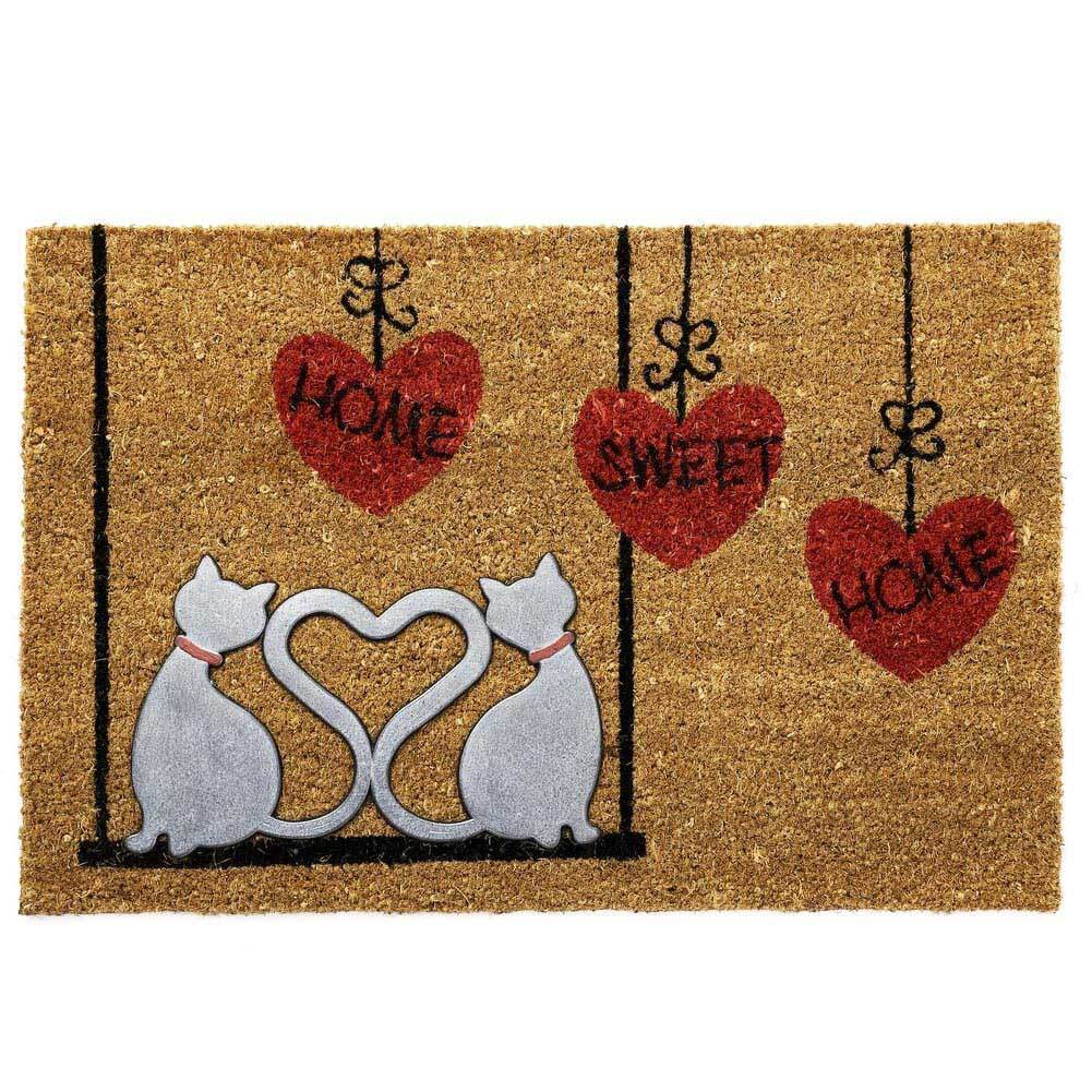 Tappeto Zerbino Fibra di Cocco Love Cats Con Figura Rilievo in Gomma 60x40cm