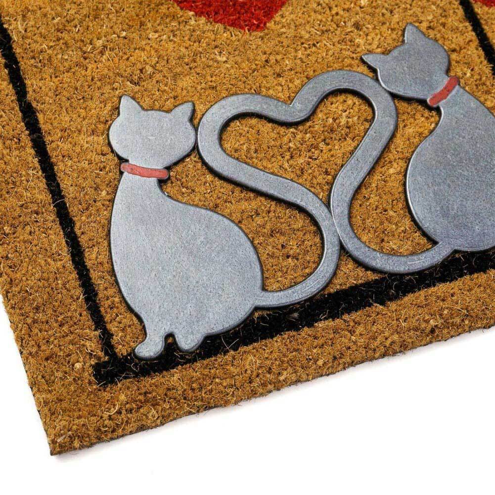 Tappeto Zerbino Fibra di Cocco Love Cats Con Figura Rilievo in Gomma 60x40cm