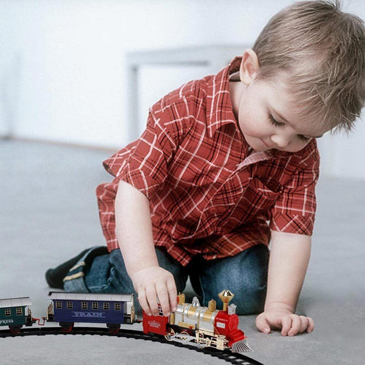 Pista Trenino Giocattolo Bambini Treno Locomotiva con Fumo Luce Suoni e 2 Vagoni